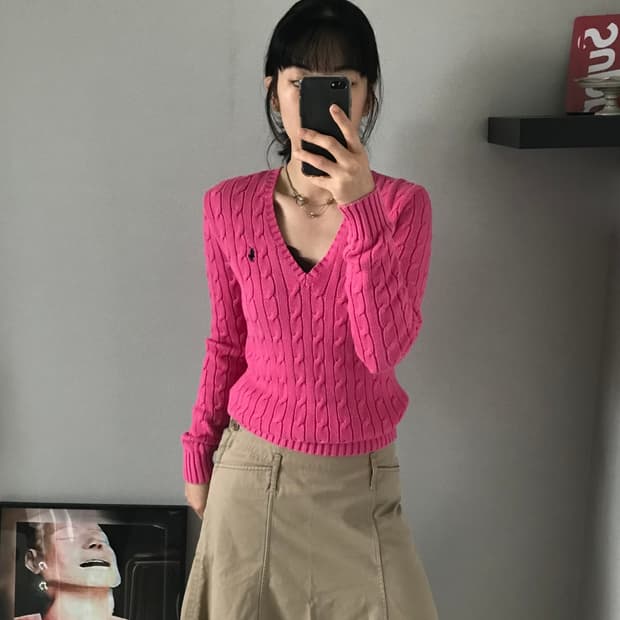 폴로 랄프로렌 포니로고 케이블 브이넥 니트 핑크