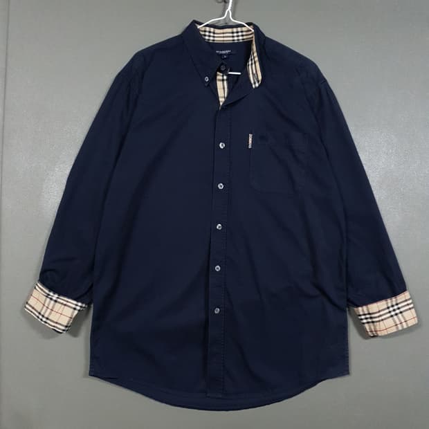 L (100) 버버리 블루라벨 크레스트 포켓 안감 노바체크 셔츠 네이비