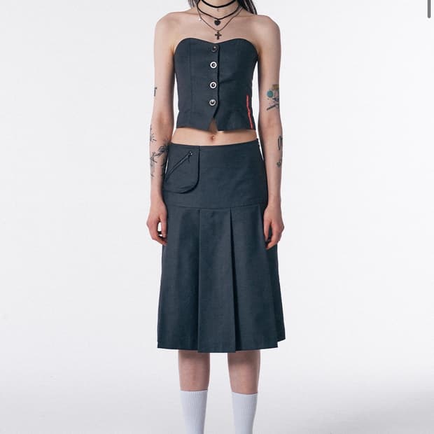 스컬프터 Tidy Pleats Midi Skirt Gray