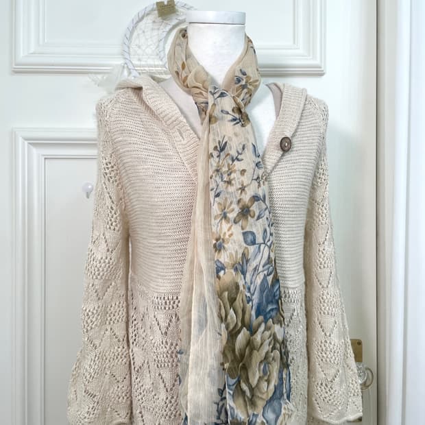 beige blue flower chiffon scarf