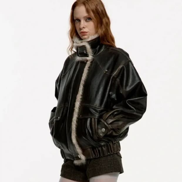 러프넥 워싱레더 무스탕 자켓 새제품 