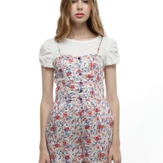 미국빈티지)10s 고전 플로럴 모리걸 블루x로즈 꽃무늬 점프수트롬퍼