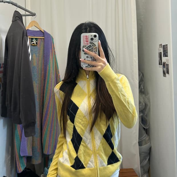 아디다스 아가일 패턴 울 집업 니트 자켓