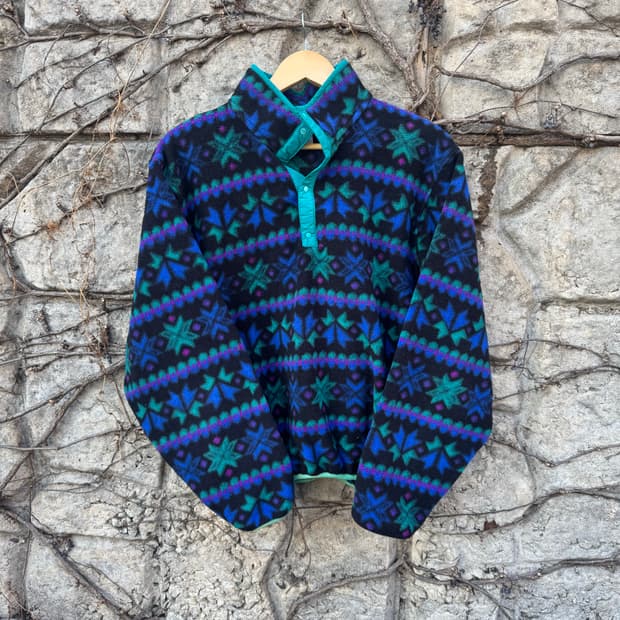 90s 엘엘빈 빈티지 노르딕 아즈텍 패턴 풀오버 플리스 스냅 티