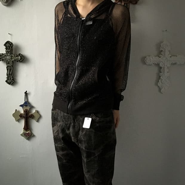 Net glitter hood zip up