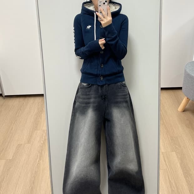 아베크롬비 울프죠 사슴로고 딱붙핏 양털안감 버튼업 후드집업