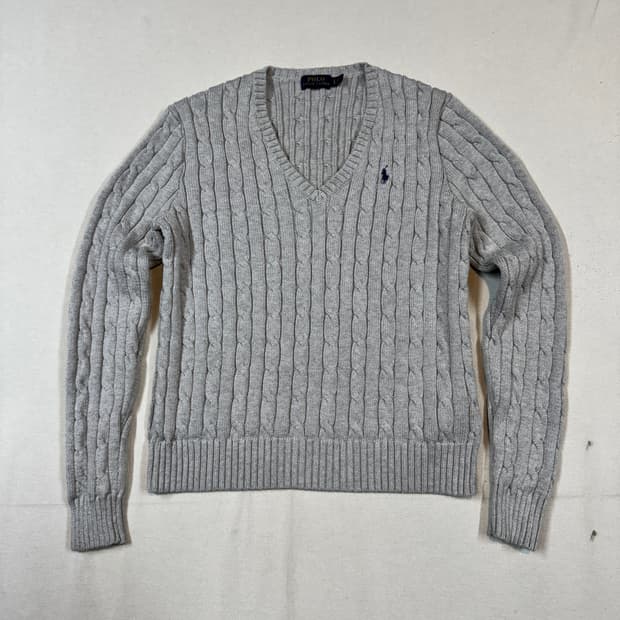 L) 폴로 랄프로렌 코튼 케이블 꽈배기 브이넥 니트 그레이