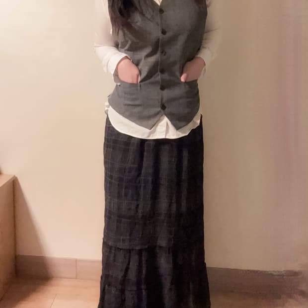 긱시크 프레피 핀터깔 베스트 장미 포인트 체크 롱스커트 코디세트  