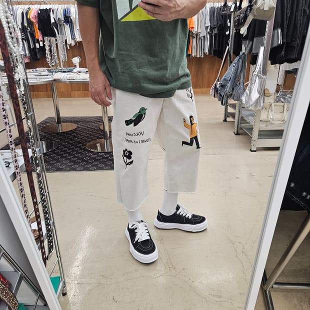 VOLCOM 볼컴 프린트팬츠 프린팅 데님 바지 아이보리색 8부 30인치