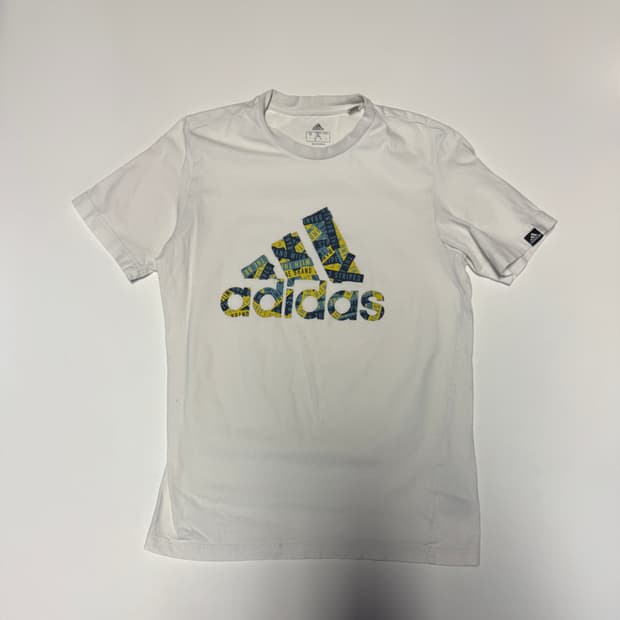 여성 아디다스 테이프 프린팅 빅 로고 반팔 티셔츠 S M 화이트