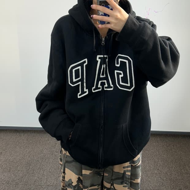 GAP 갭 블랙로고 퍼안감 블랙 후드집업