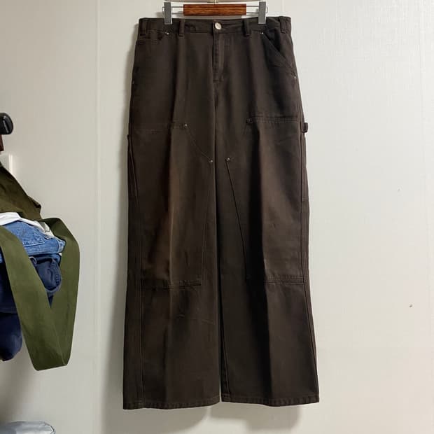 (34)빈티지 와이드핏 다크브라운 더블니 워크팬츠