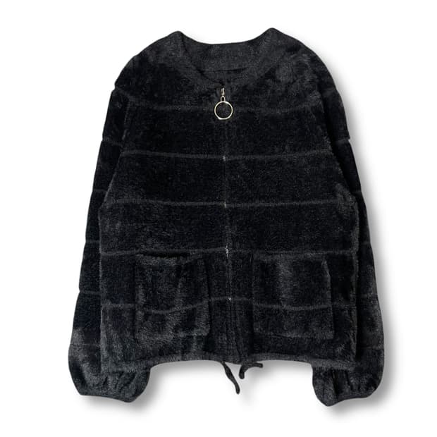 빈티지 블랙 인조 퍼 링 집업