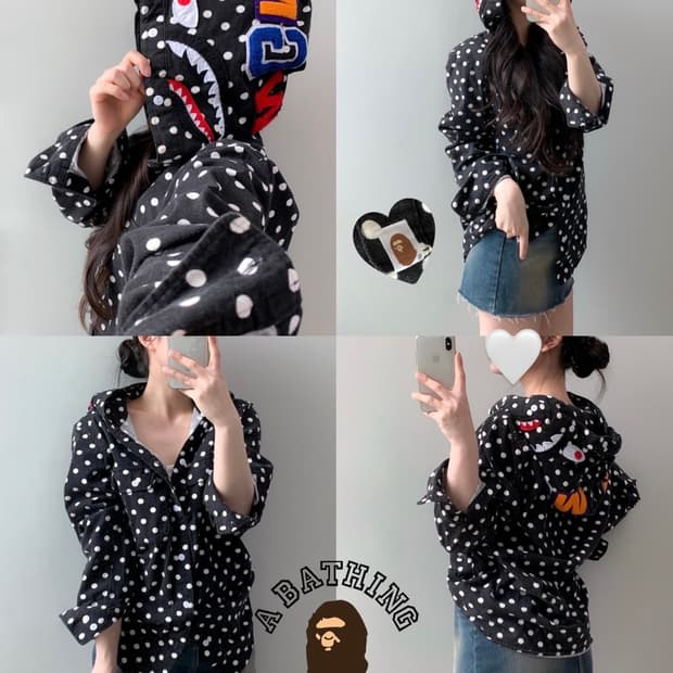 베이프 샤크 도트 후드 셔츠