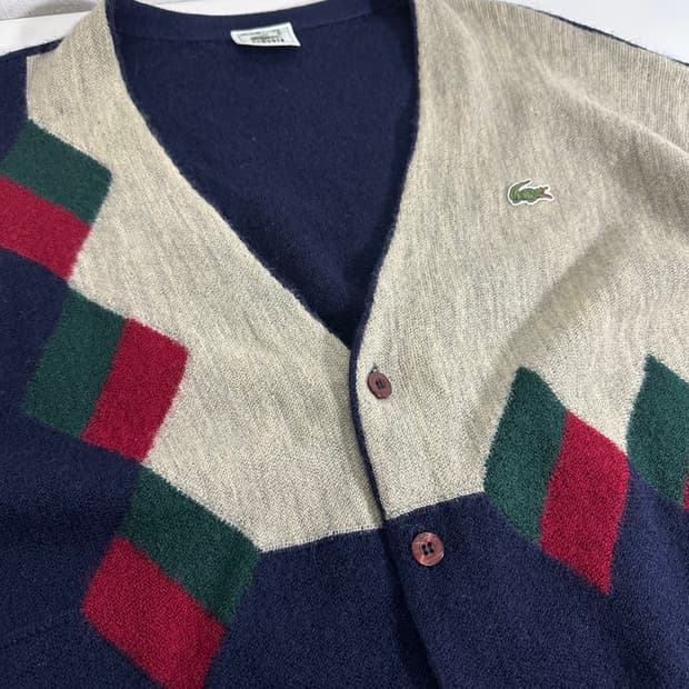 95-100 라코스테 린넨 브이넥 아가일 가디건