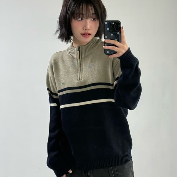 라코스테 카키 네이비 니트 반집업