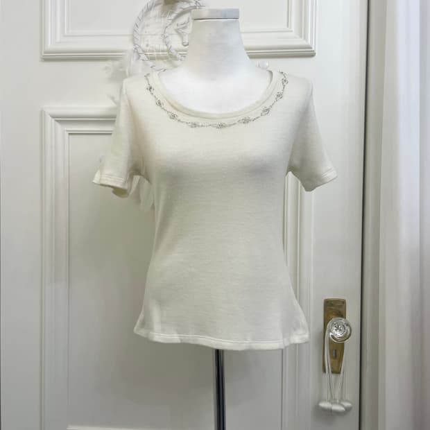 ivory beads point half knit top(size-L)
