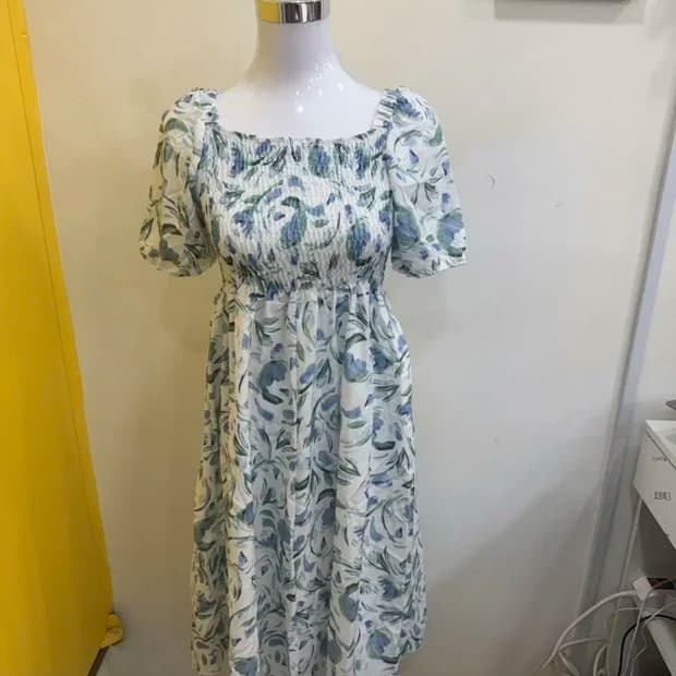 vtg 블루 플라워 스모크 밴딩 롱 원피스