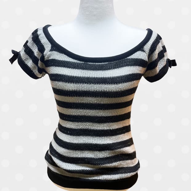 스트라이프 리본 니트 반팔탑