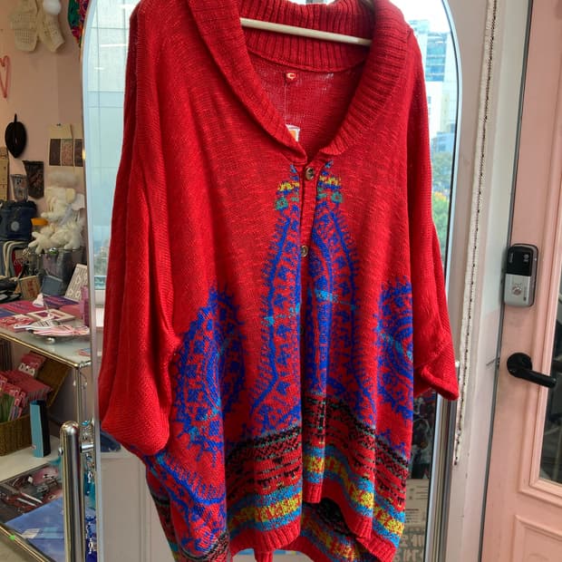 에스닉 패턴 레드 판초