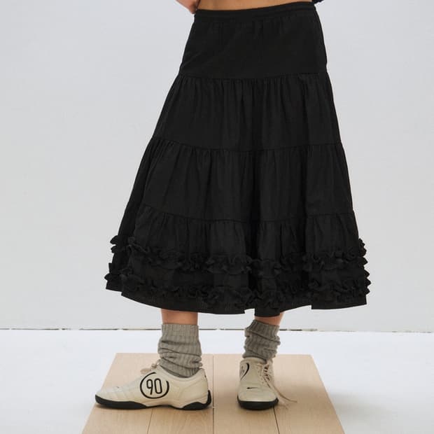 PLZPROJECT 프릴 캉캉 롱 스커트 블랙 플리즈프로젝트