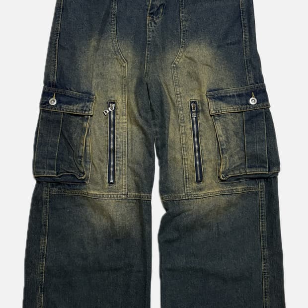 샌드워싱 카고 데님 팬츠, 워싱 청바지, 카고 팬츠