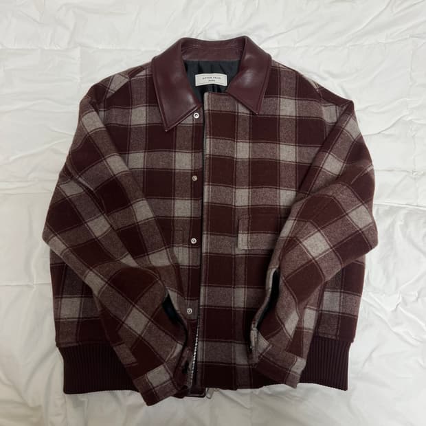 애프터프레이 레더 칼라 체크 울 블루종 버건디 M