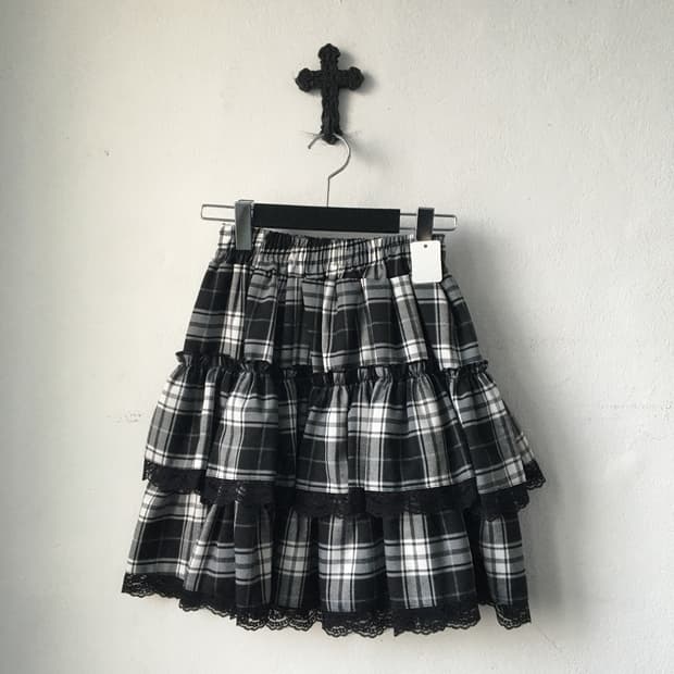 Lace trimming check pattern layer skirt