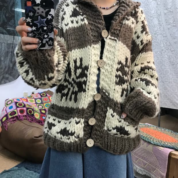 빈티지 코위찬 브라운 배색 니트 가디건 