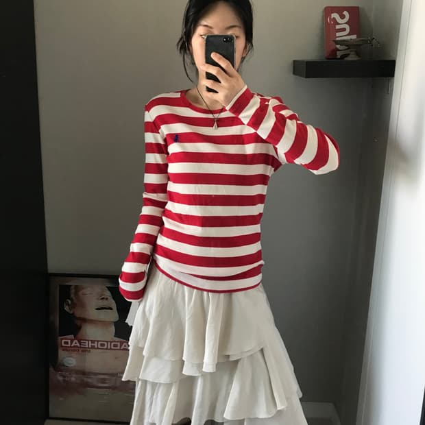 폴로 랄프로렌 포니 로고 스트라이프 레드 롱슬리브티