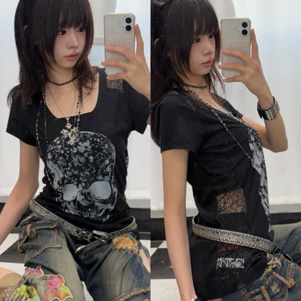 🎸블랙 스컬 프린팅 레이스 디테일 티셔츠🎸