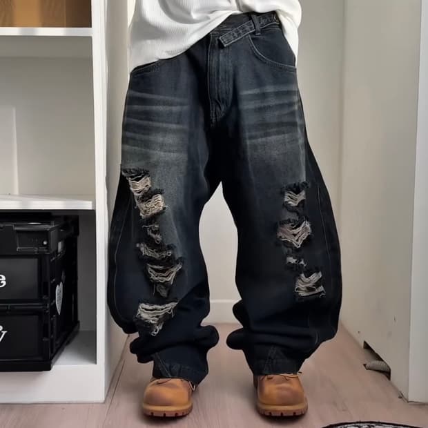 BLR 비엘알 어드저스터블 디스트로이드 데님팬츠 다크블루 L