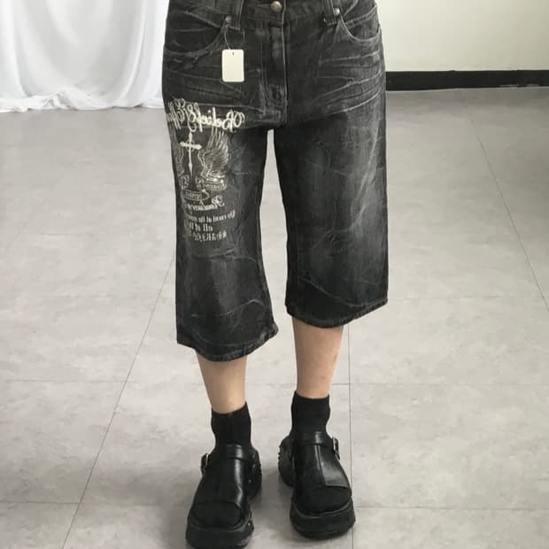 Printing washing denim half pants