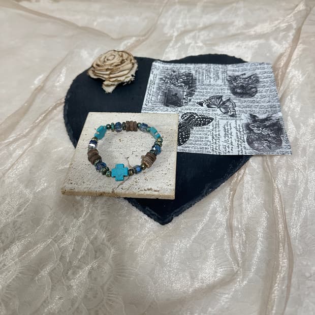 빈티지 십자가 터키석 코코넛껍질 밴딩 팔찌