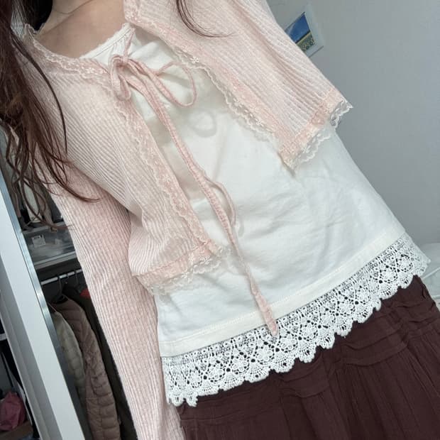 딸기초코 set 🍓🍫 핑크 가디건 + 어스뮤직 나시 + gap 스커트