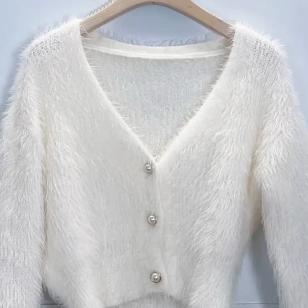 진주 앙고라 퍼 크롭 가디건
