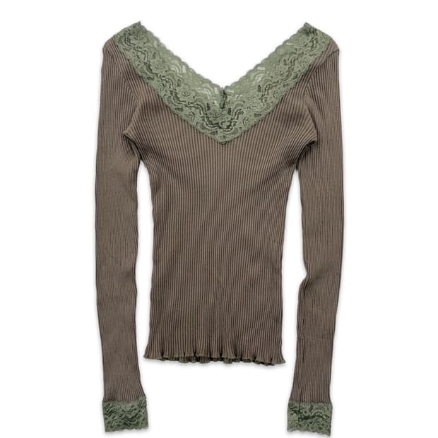 빈티지 브라운 카키 레이스 긴팔 니트