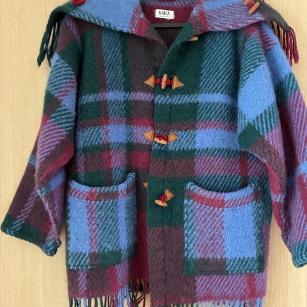 빈티지 타탄 울 shaggy 더플 코트 