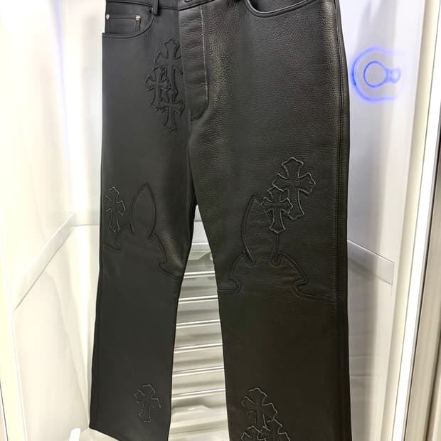 크롬하츠 풀 레더 더블니 크로스패치 레더팬츠