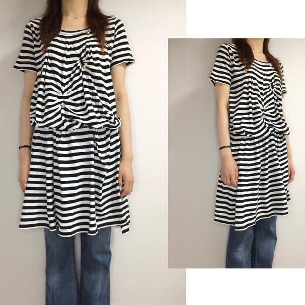 스나오쿠와하라 블랙 스트라이프 셔링 원피스