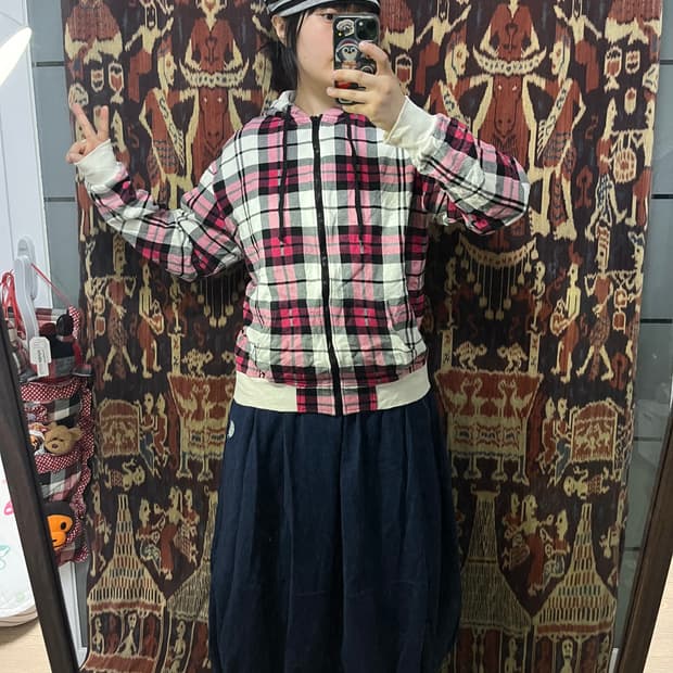 Anti label 핑크 타탄 체크 후드집업