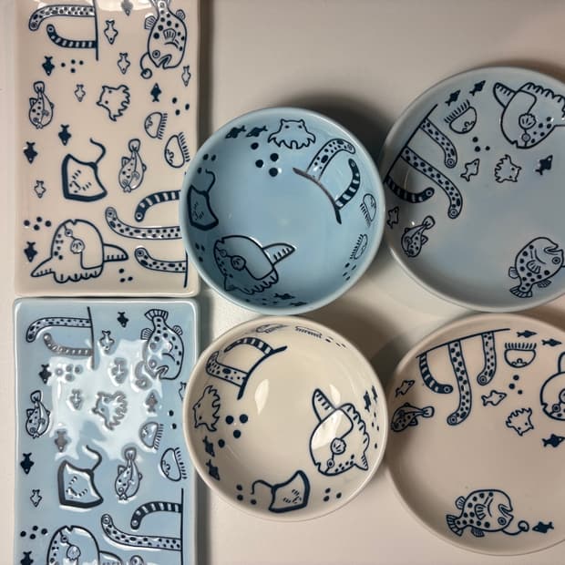 바다 아쿠아리움 그릇 세트 산리오 리락쿠마 키티 인형 산엑스