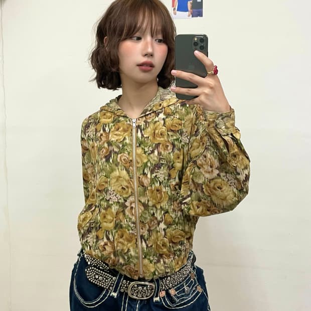 Yellow Flower Cropped Hooded Zip-Up