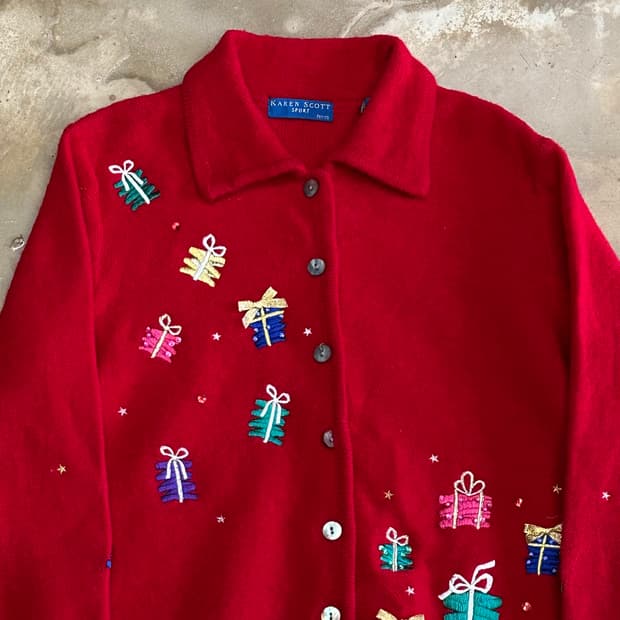 S VTG 90년대 레드 울 어글리 크리스마스 가디건