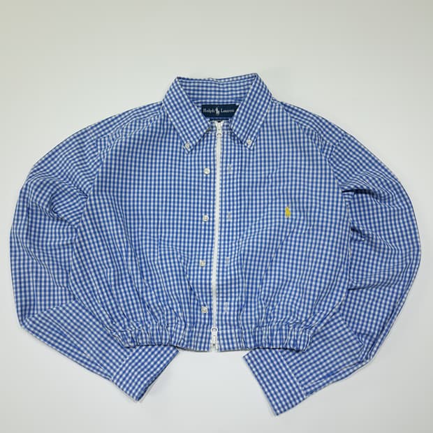 CL790 FREE 폴로 스몰 깅엄체크 블루 리메이크 크롭 집업 셔츠