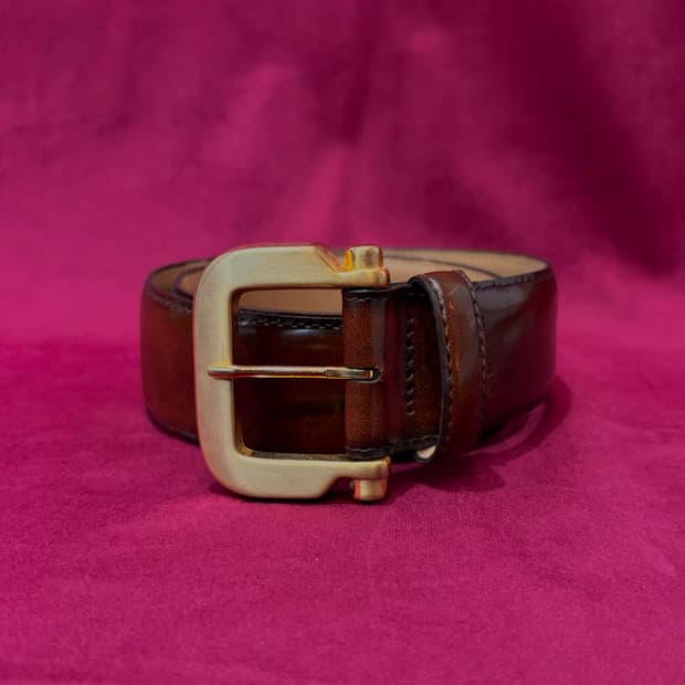 골든 버클 핸드 바니시드 레더 벨트 made in USA