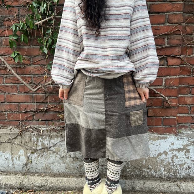 일본 무드 패치워크 미디스커트