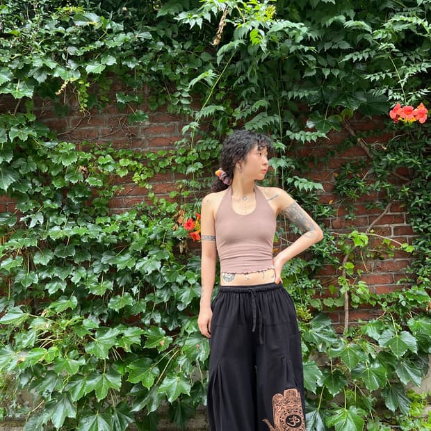 블랙 함사 문양 와이드 벌룬 팬츠