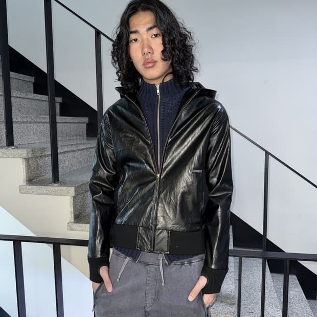 leather hooded zipup jacket