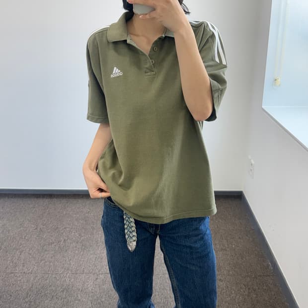 Adidas 아디다스 삼각로고 카키 카라 반팔 